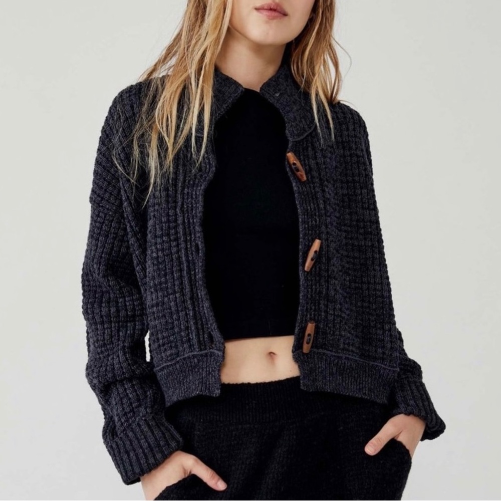 FREE PEOPLE Micah Cardi (Sunflower Seed Combo) Women's Sweater Charcoal  Sz  M